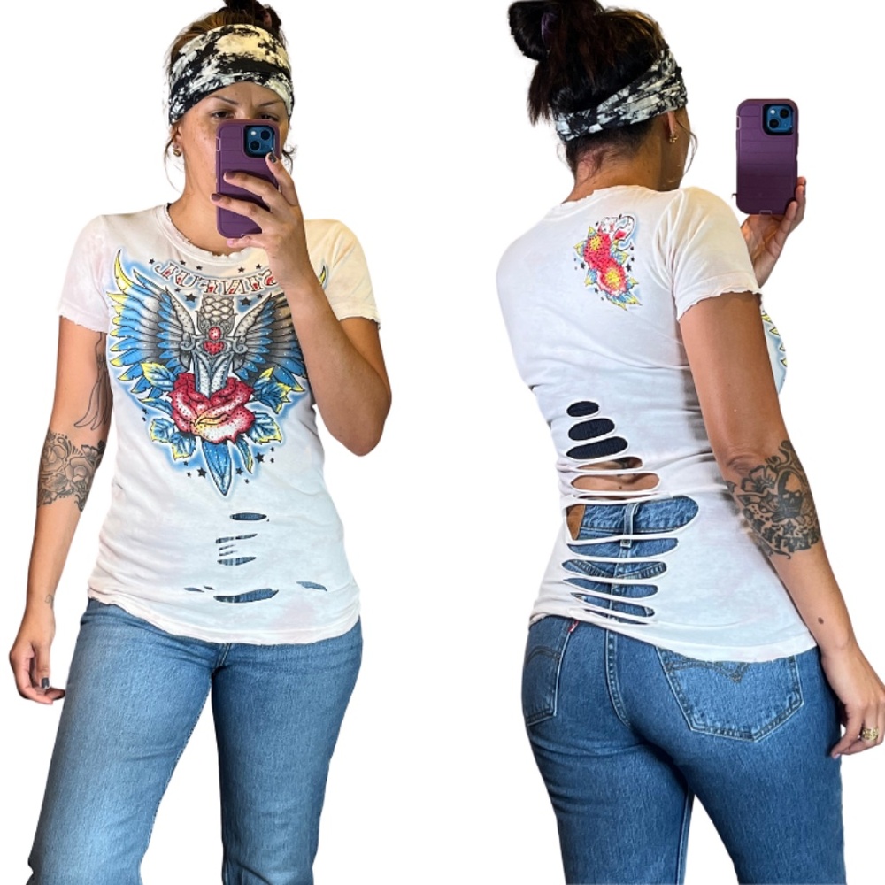 051. Sinful by Affliction Clothing Rhinestone Bling T-Shirt Custom Cut